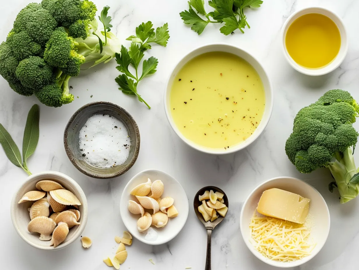 Ingredients for Broccoli Cheddar Soup with Shells including butter, onion, garlic, flour, chicken broth, milk, salt, pepper, broccoli, pasta shells, and cheddar cheese.