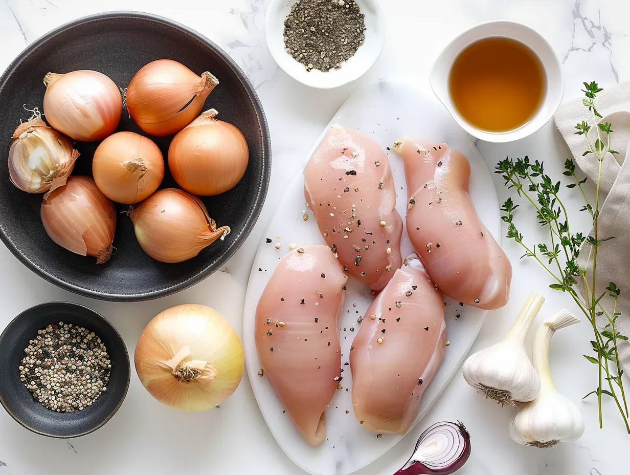 Ingredients needed to make Cheesy Stuffed Chicken Rolls with Caramelized Onions: chicken breasts, onion, olive oil, cream cheese, mozzarella, parmesan, basil, garlic powder, salt, and pepper.