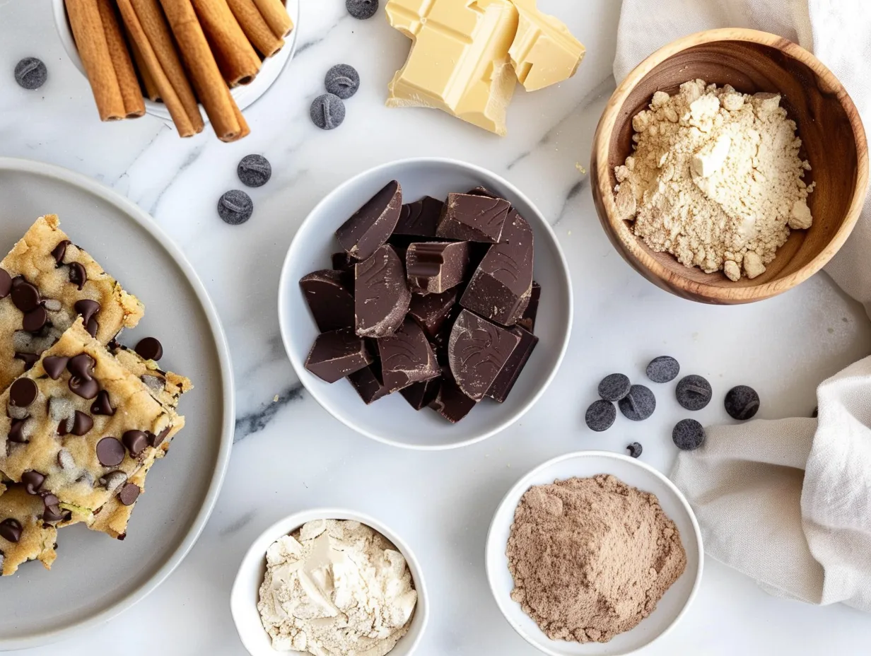 Ingredients needed to make chewy chocolate chip zucchini cookie bars