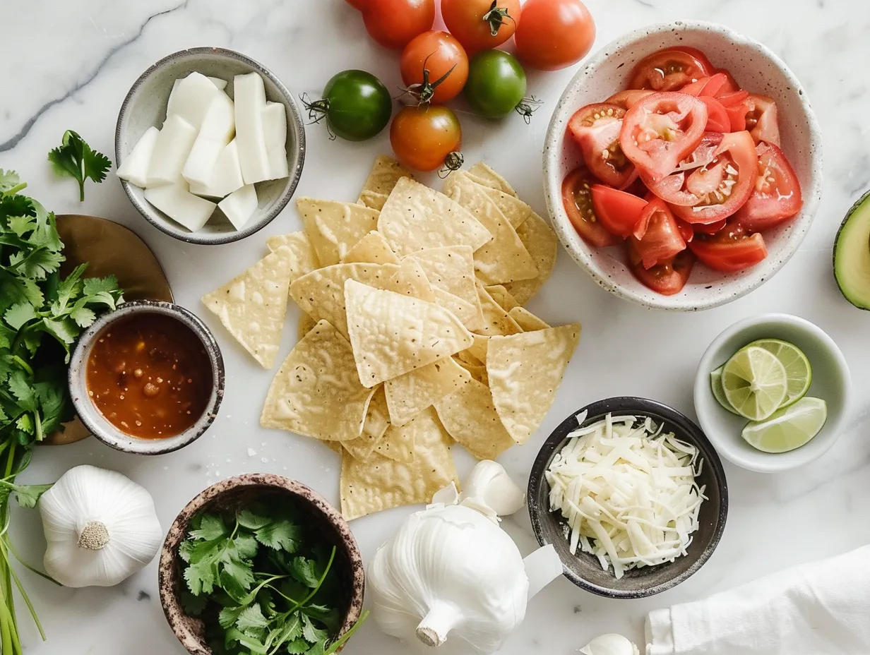 Ingredients for making chicken enchilada nachos including tortilla chips, shredded chicken, enchilada sauce, cheese, onion, and cilantro