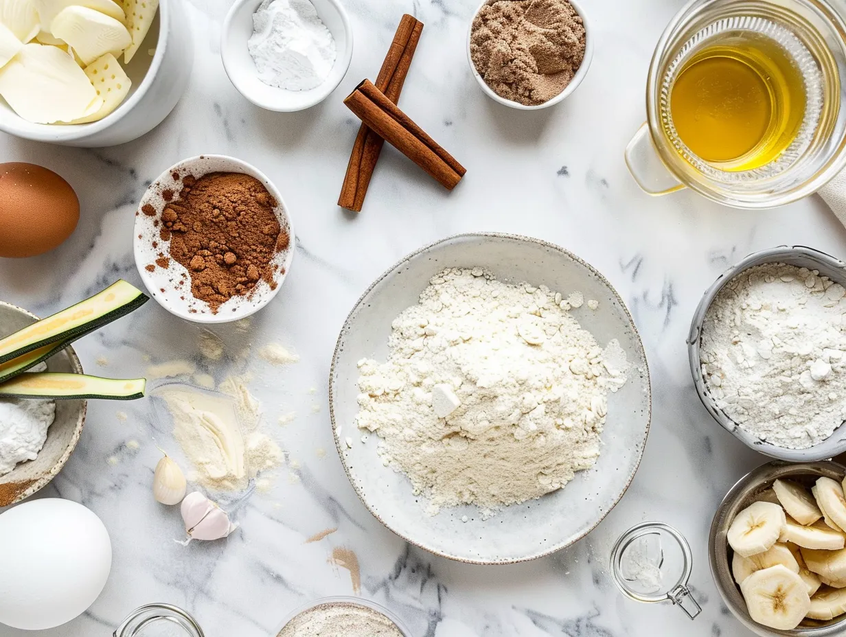 Ingredients for homemade cinnamon roll zucchini bread including flour, sugar, cinnamon, eggs and zucchini