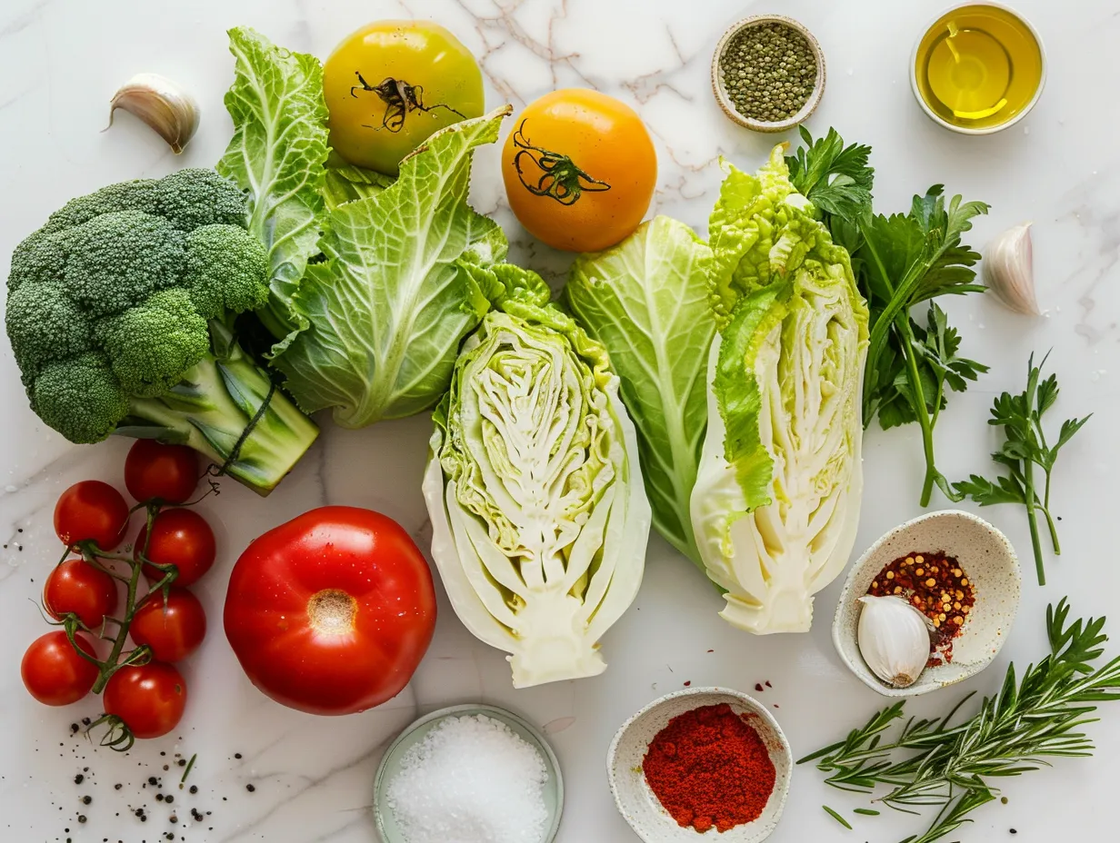 Ingredients for Lentil Bolognese Stuffed Cabbage Rolls including cabbage, lentils, vegetables, and canned tomatoes.