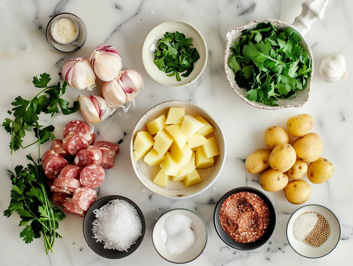 Ingredients for making potato and sausage chowder: smoked sausage, olive oil, onion, garlic, chicken broth, potatoes, heavy cream, milk, salt, pepper, and parsley.