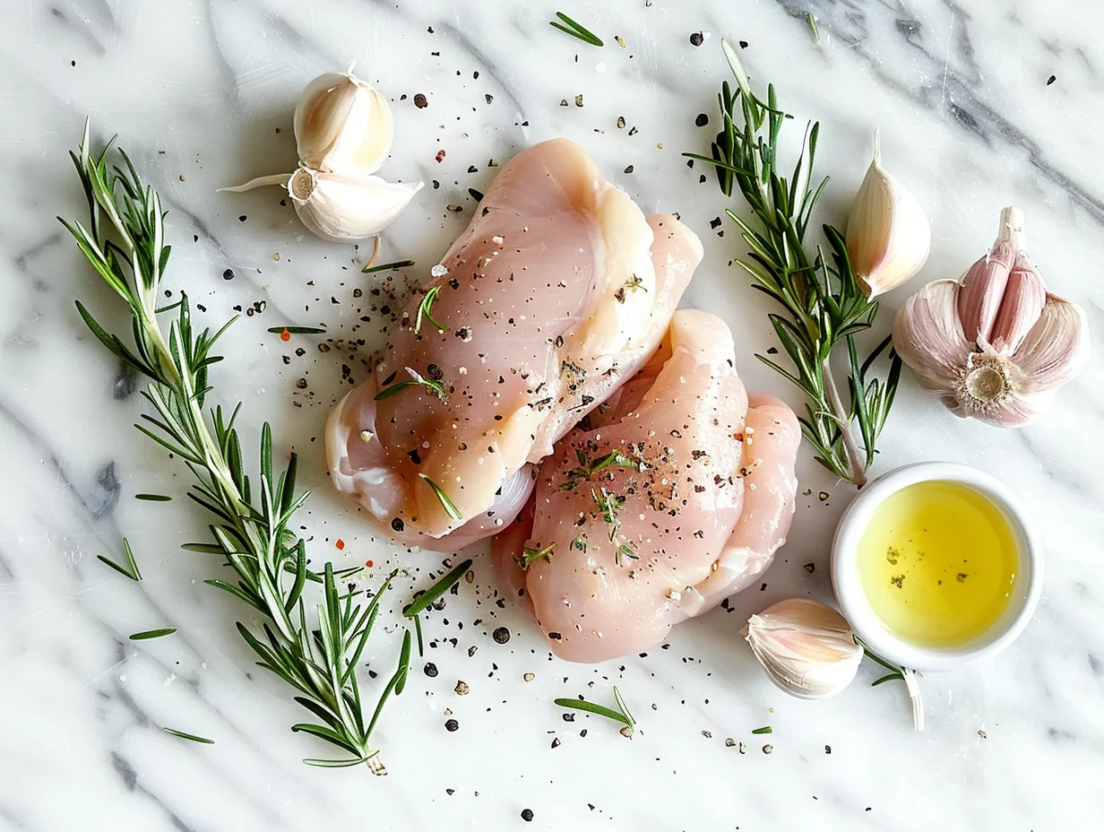 Ingredients needed to make Rosemary Dijon Chicken including chicken breasts, dijon mustard, and rosemary