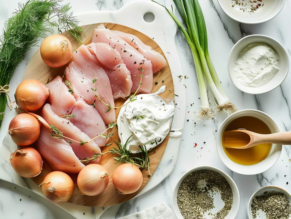 Ingredients for making sour cream and onion chicken on a kitchen counter