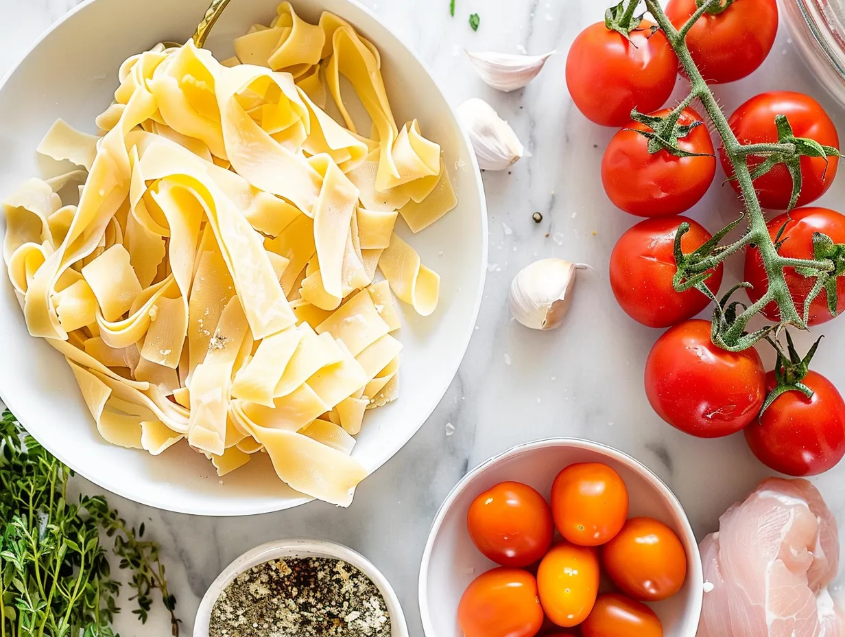 Ingredients for sun dried tomato chicken pasta including pasta, chicken, sun dried tomatoes, and spices