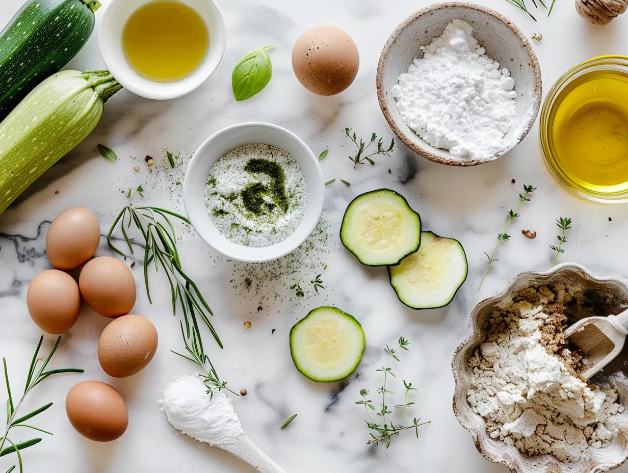 Ingredients for zucchini muffins displayed on a white marble surface.