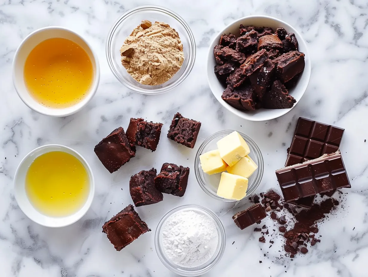 Ingredients for Keto Brownies laid out on a marble surface