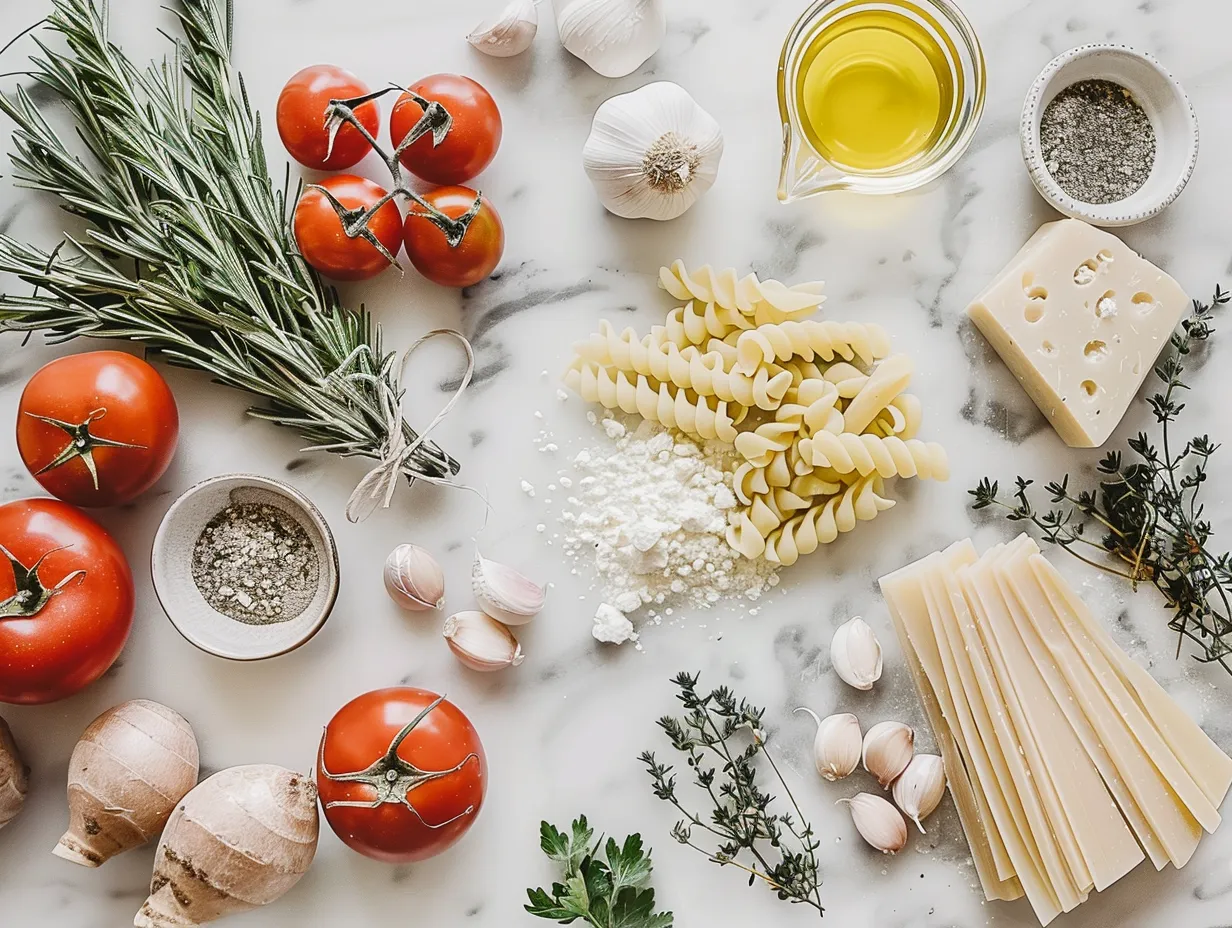 Lasagna soup ingredients - ground beef, tomatoes, garlic and spices.
