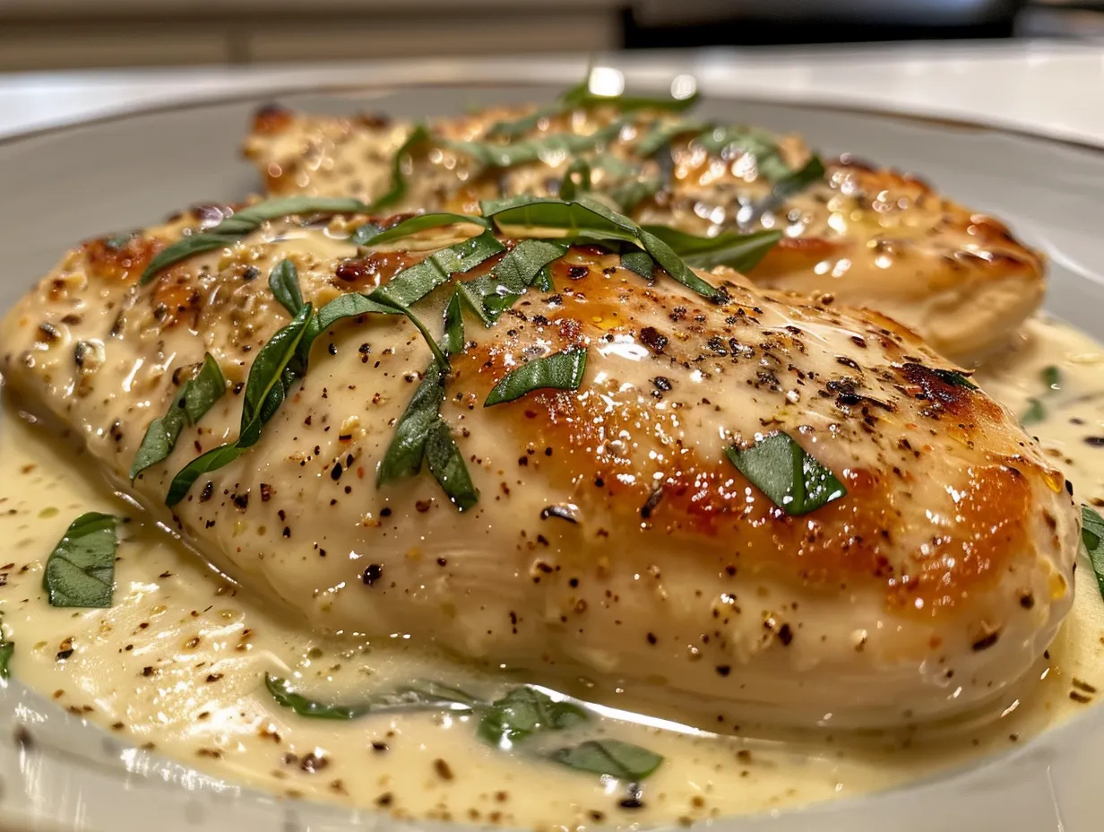 Mozzarella Chicken in Basil Cream Sauce close-up