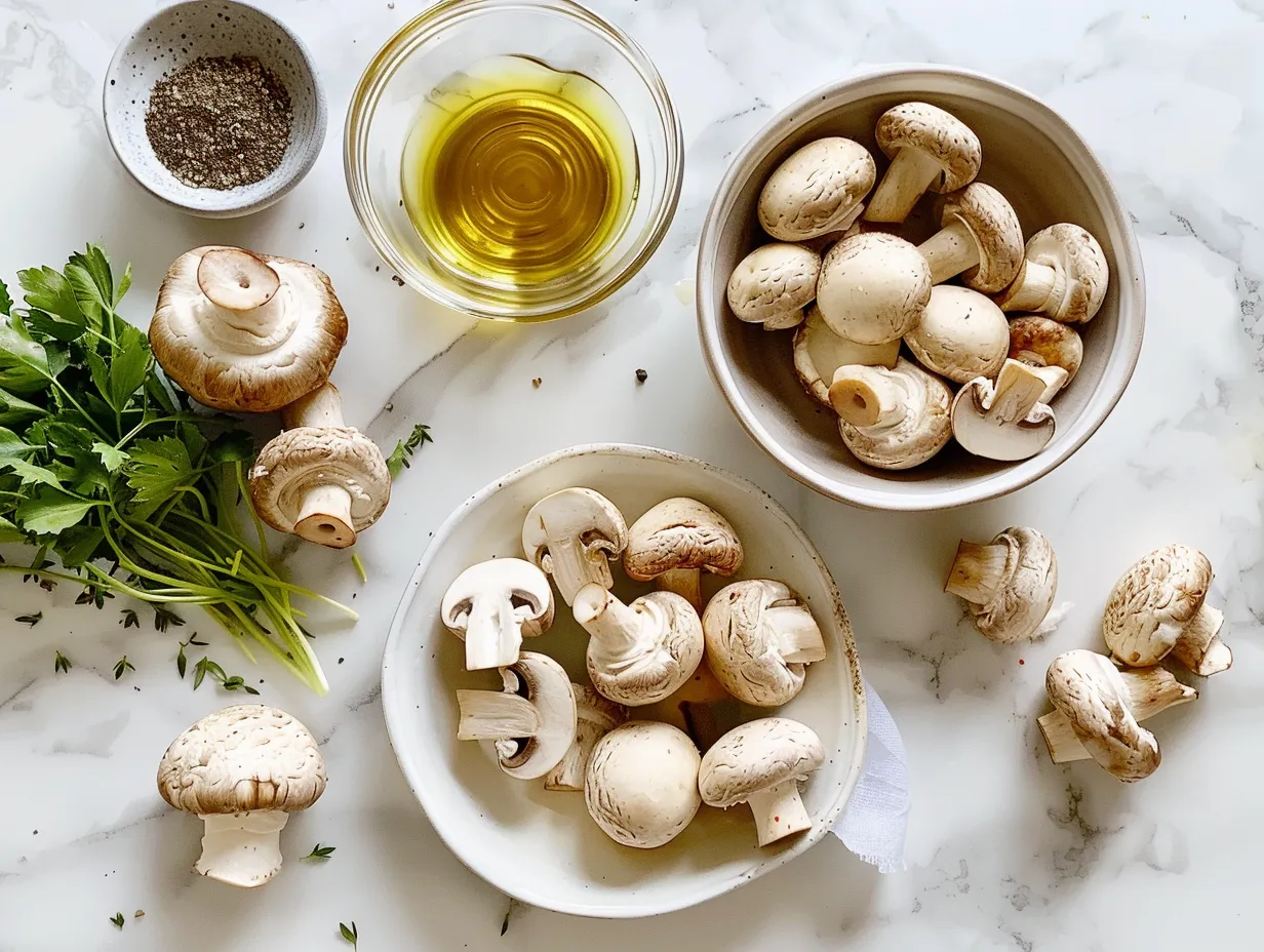 Mushroom stroganoff ingredients: pasta, mushrooms, garlic, and spices on a marble countertop