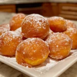 Overhead view of pumpkin donut holes with a dusting of powdered sugar.