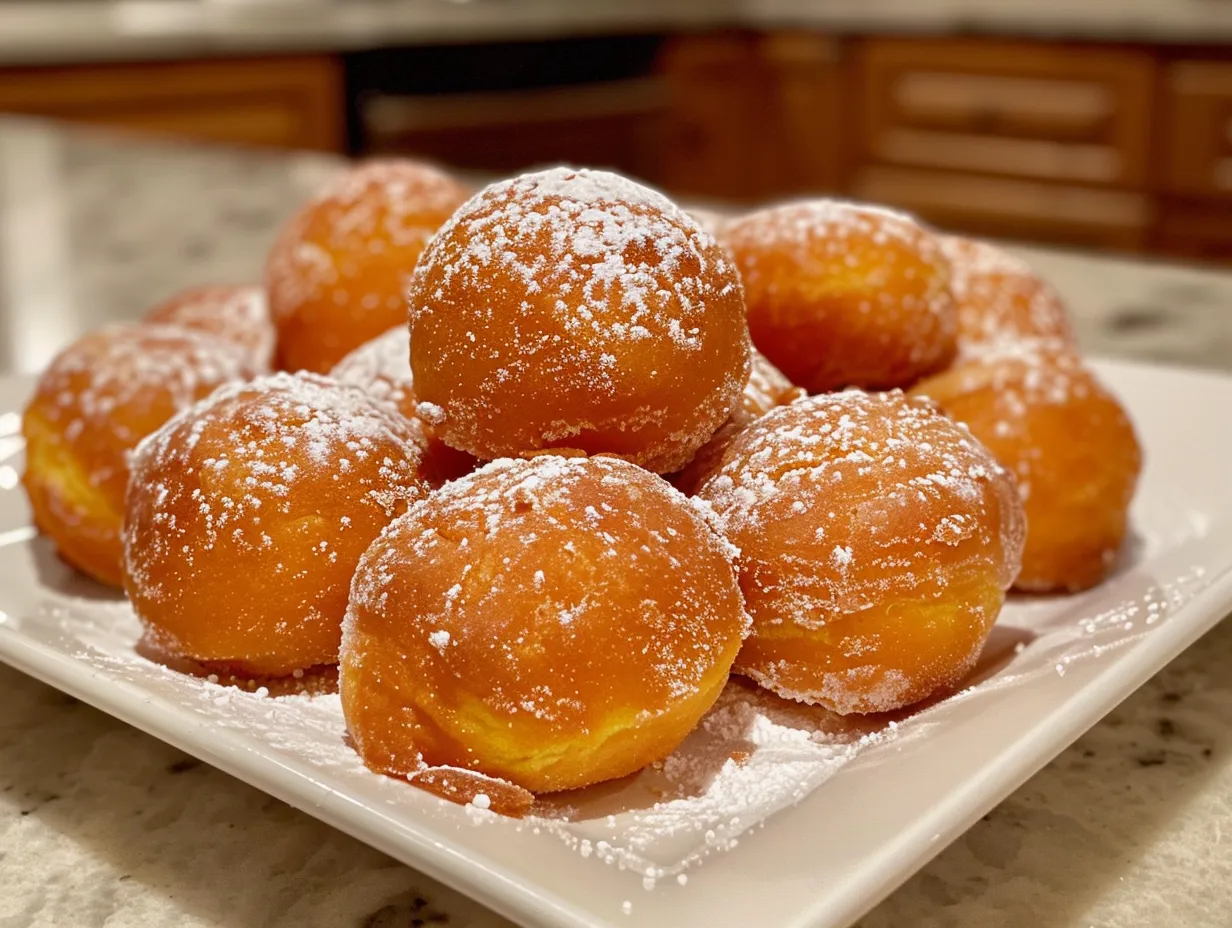 Overhead view of pumpkin donut holes with a dusting of powdered sugar.