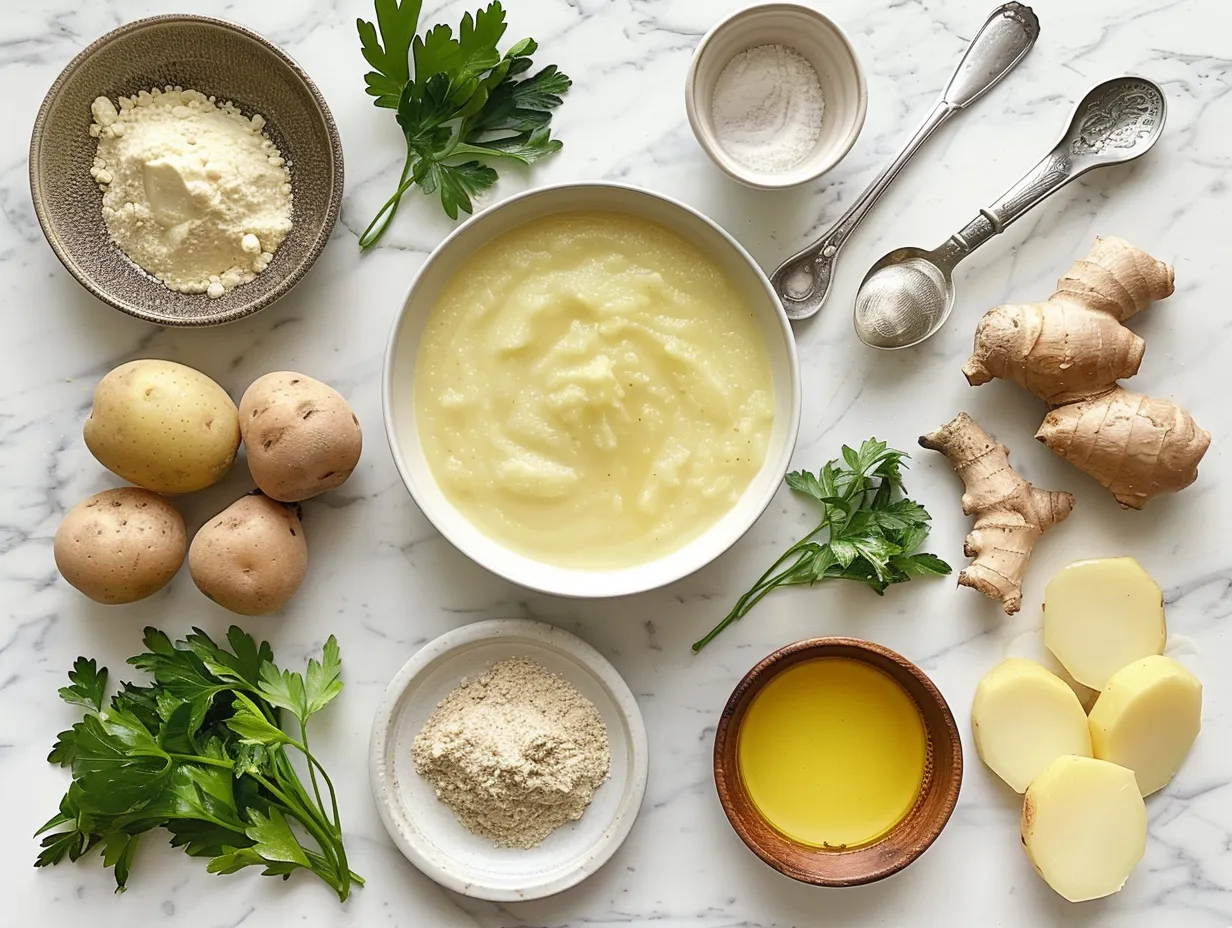 Ingredients for making creamy potato soup, including potatoes, broth, onions, garlic, thyme, salt, pepper, milk, sour cream, and toppings