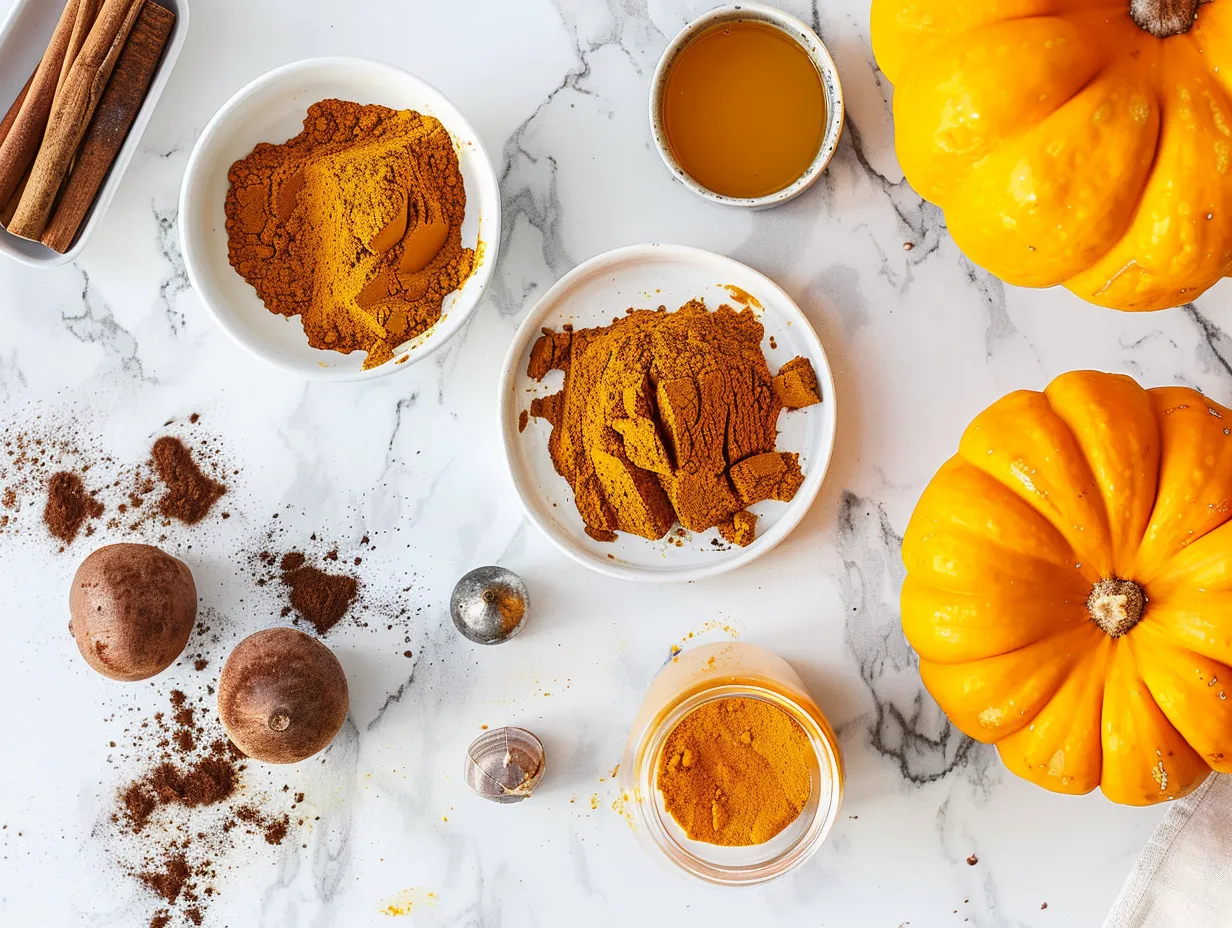 Ingredients for making pumpkin bars on a marble surface