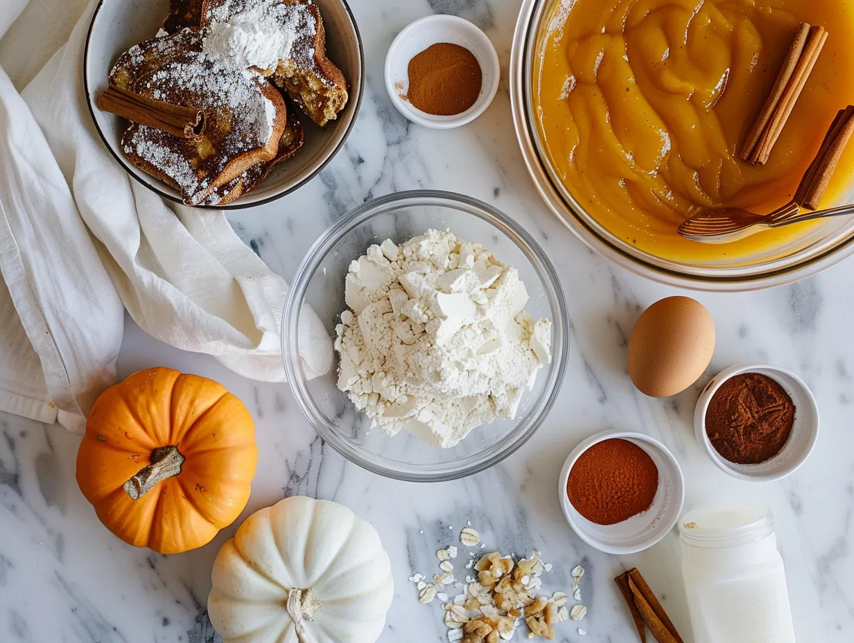Ingredients for making Pumpkin French Toast, including bread, pumpkin puree, milk, eggs, and spices