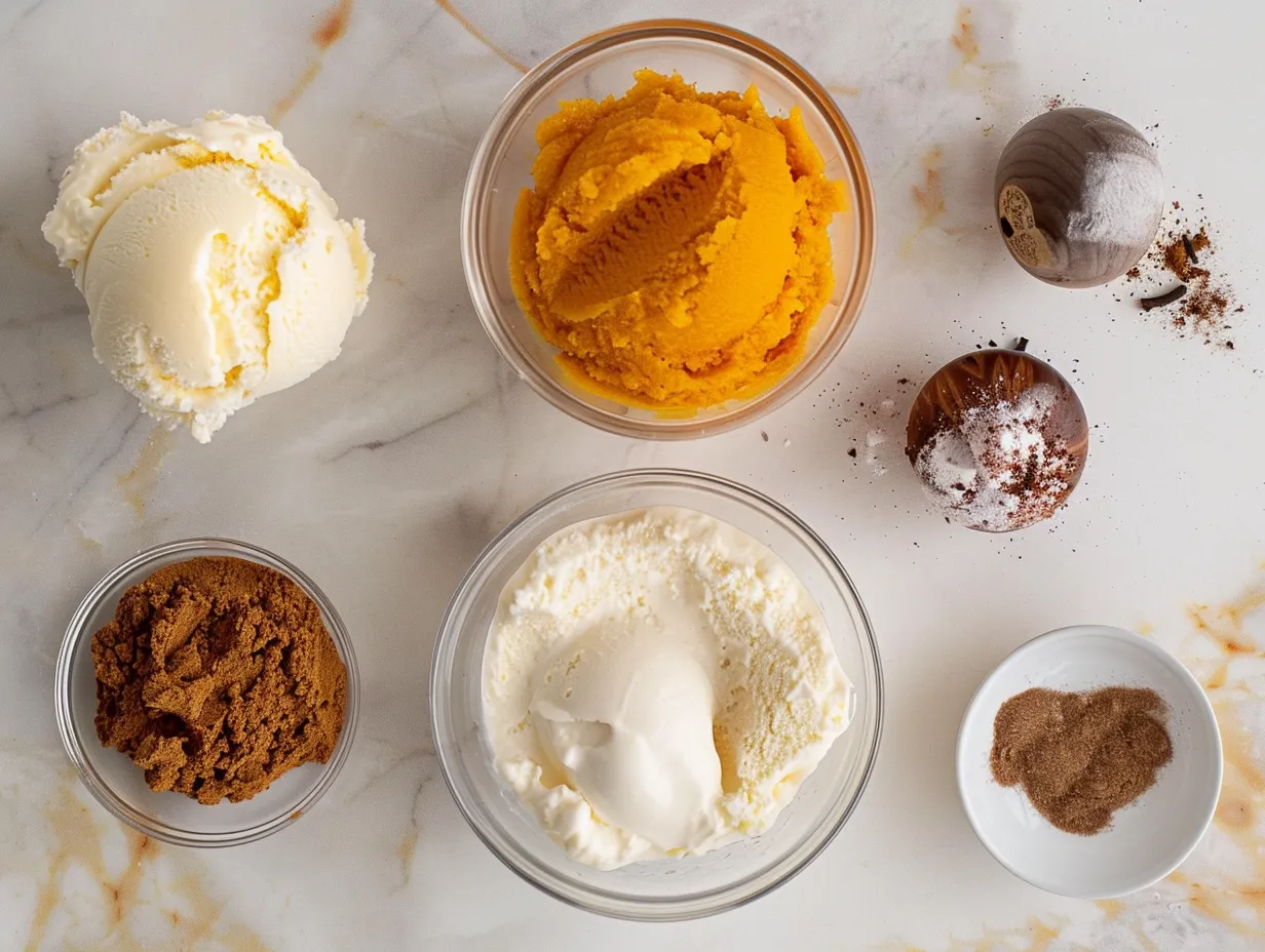 Ingredients for making a Pumpkin Milkshake including pumpkin puree, ice cream, milk and spices