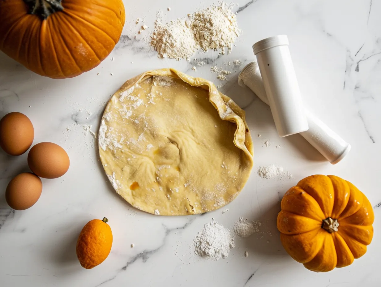 Ingredients for Pumpkin Pie Crescents including crescent roll dough, pumpkin puree, cream cheese, sugar, pumpkin pie spice, melted butter, and cinnamon sugar.