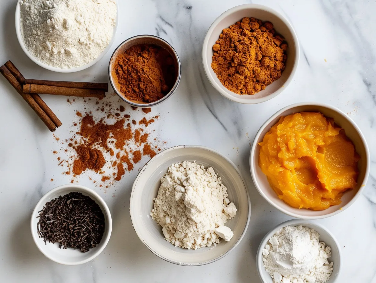 Ingredients for making pumpkin spice donuts including flour, sugar, spices, pumpkin puree, and buttermilk