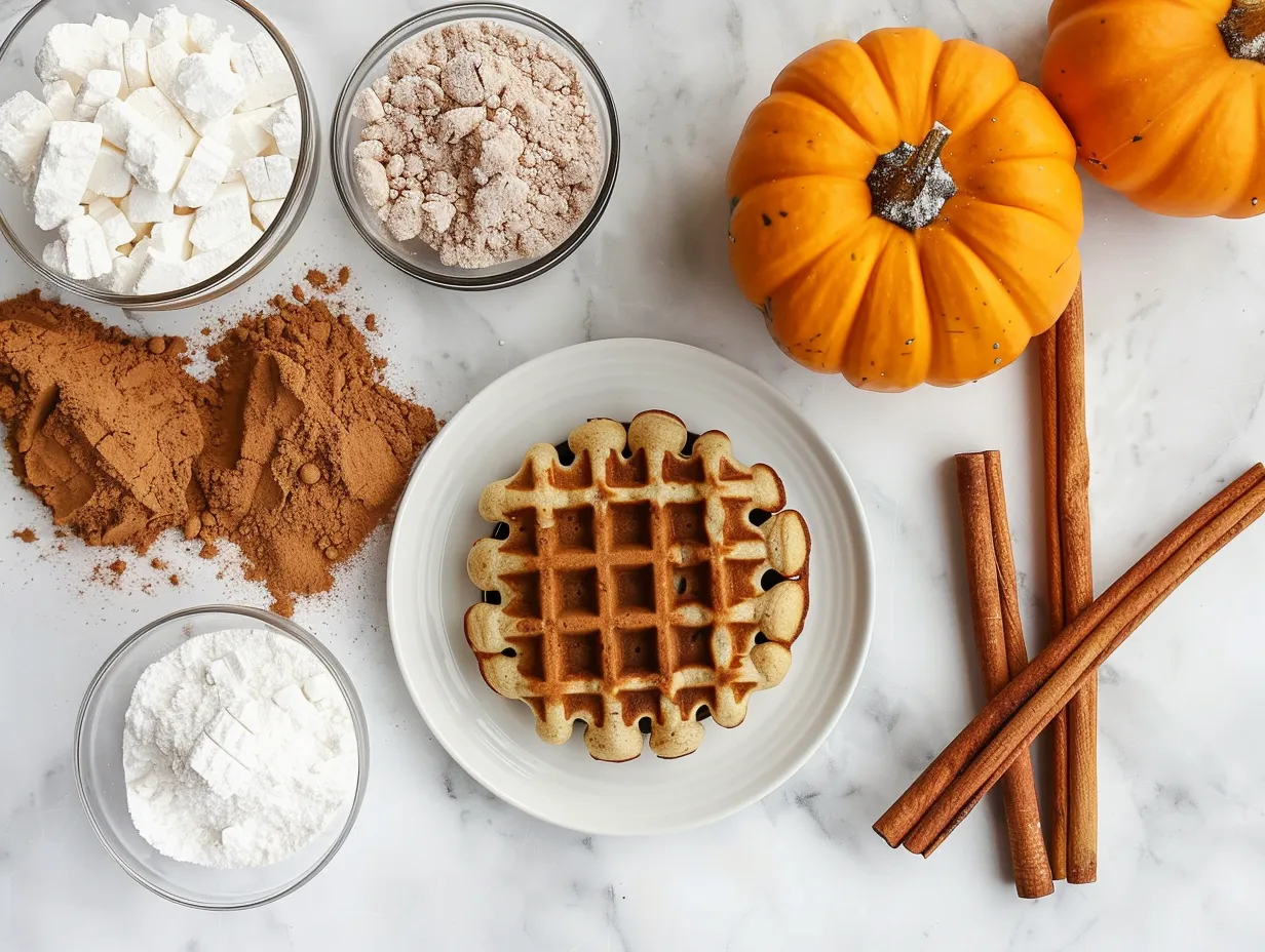 Ingredients for Pumpkin Spice Waffles: flour, baking powder, spices, buttermilk, pumpkin puree, eggs, butter, sugar, and vanilla extract