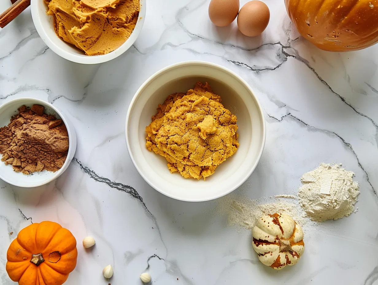 Ingredients for making Pumpkin Spiced Cookies displayed on a kitchen counter
