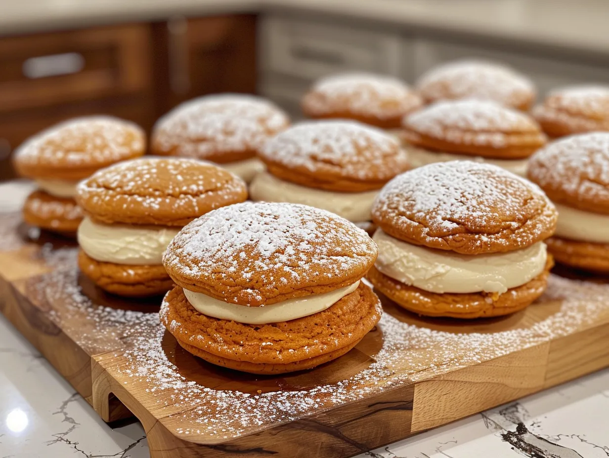 Pumpkin whoopie pies arranged on a rustic wooden board, showcasing their soft texture and cream cheese filling.