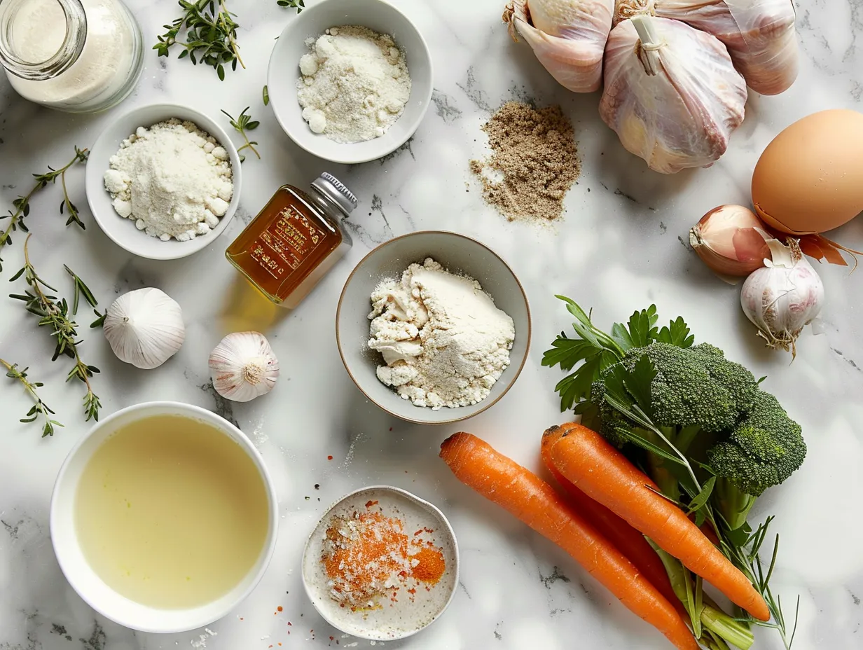 Raw ingredients for Chicken and Dumpling Soup on a marble surface