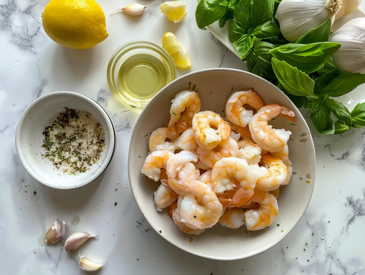 Ingredients for making creamy garlic shrimp displayed on a table