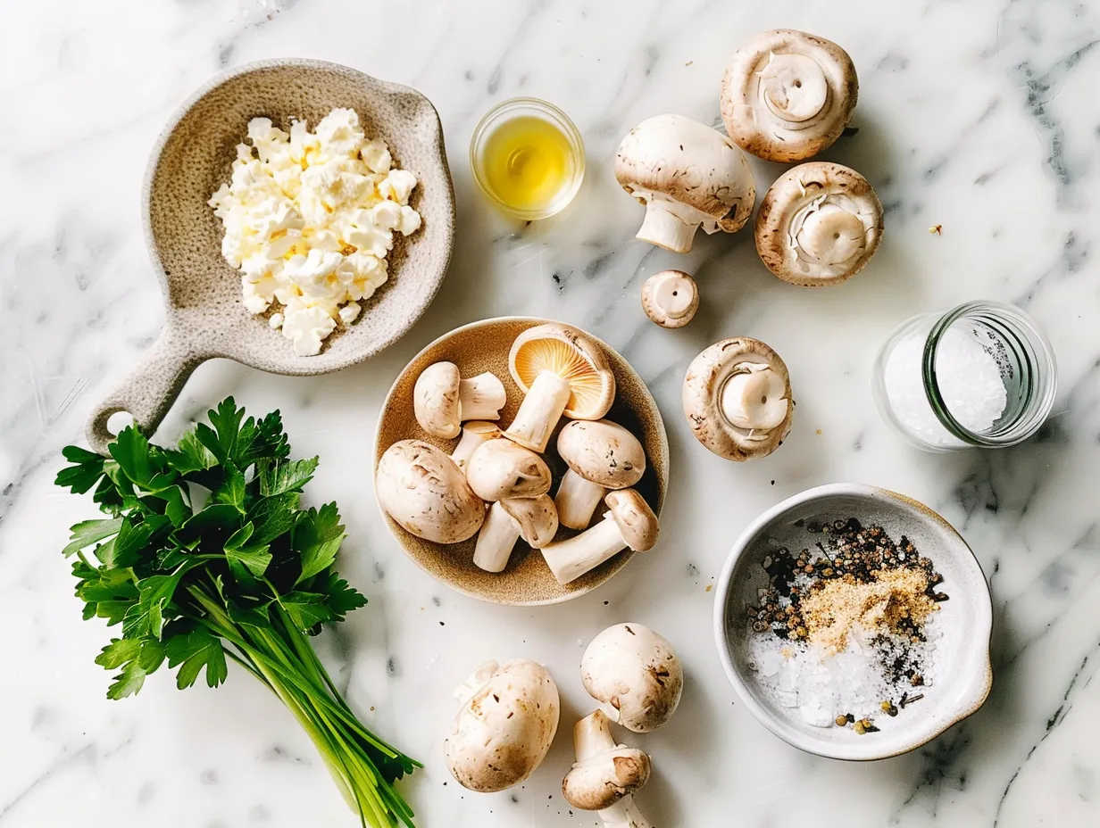 Raw ingredients for a homemade mushroom galette including mixed mushrooms, puff pastry, garlic, thyme, cheese, and spices.