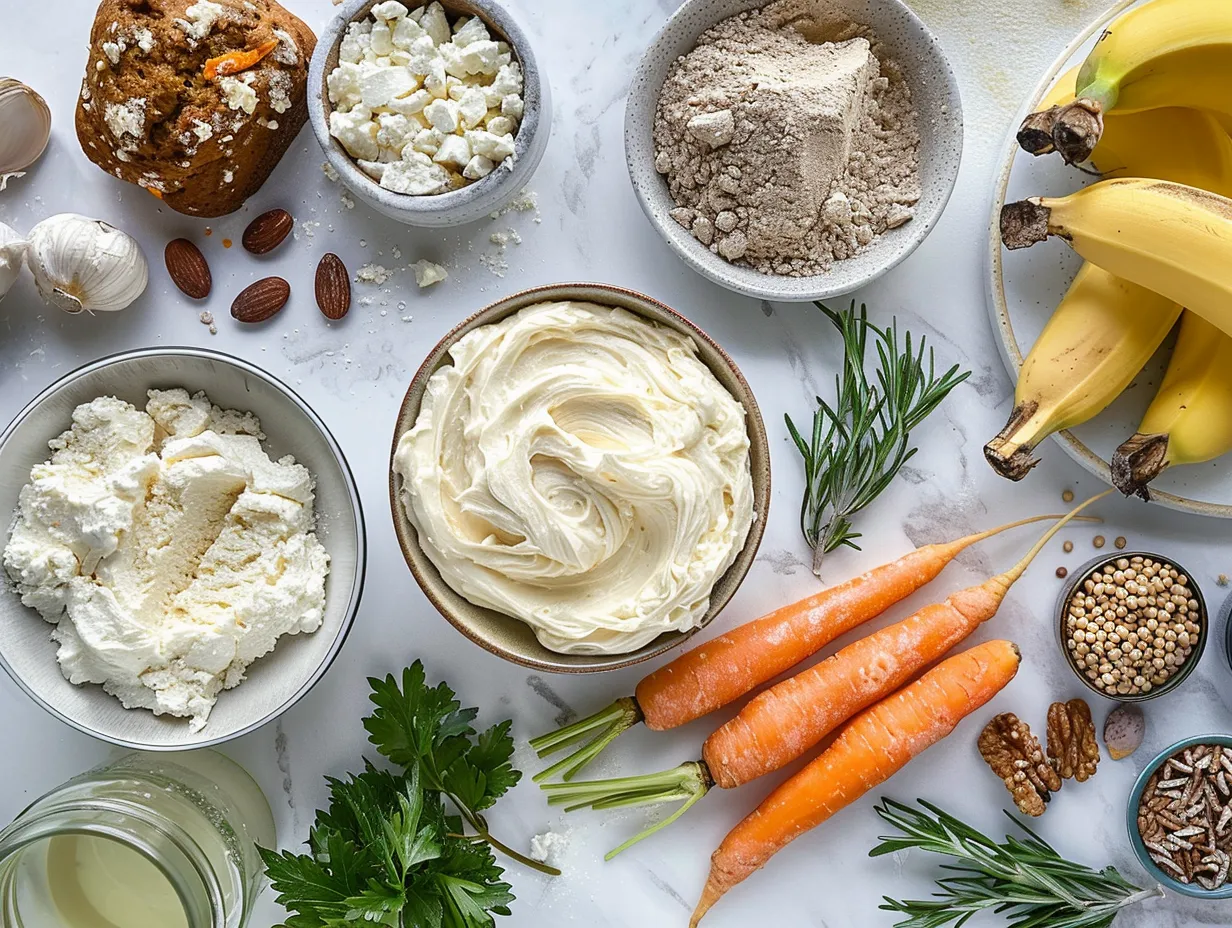 Ingredients for making Banana Carrot Bread with Cream Cheese Frosting