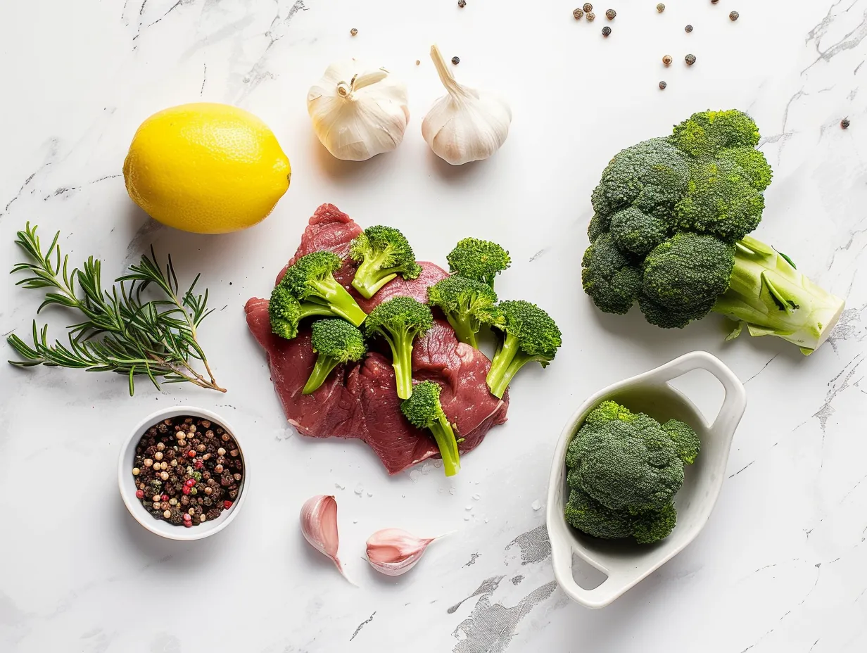 Ingredients for beef and broccoli laid out on a counter: flank steak, broccoli, soy sauce, and other seasonings
