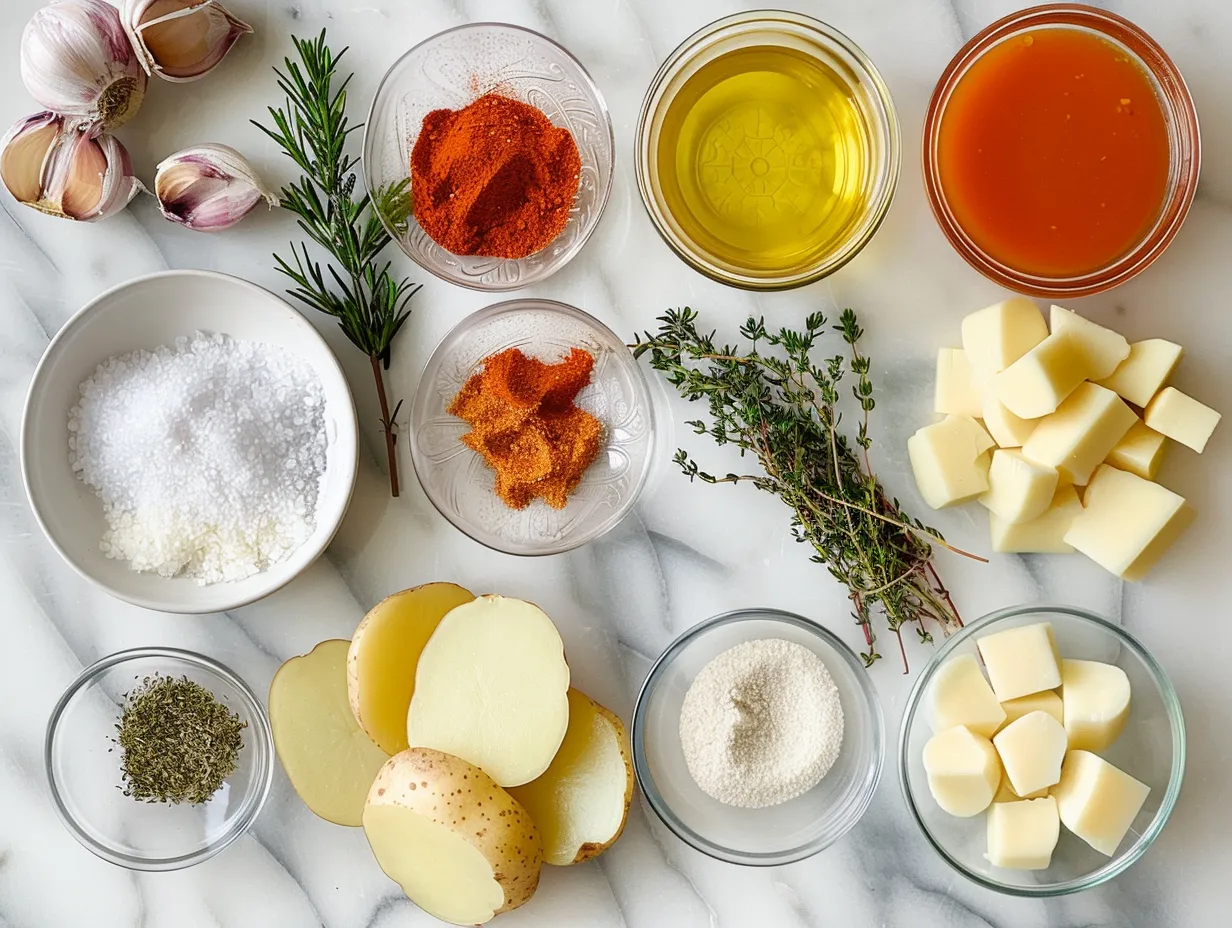 Raw ingredients for making a delicious Cajun Potato Soup Recipe, including bacon, potatoes, sausage, and spices.