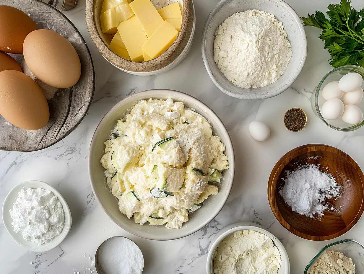 Raw ingredients needed to make cheddar zucchini scones.