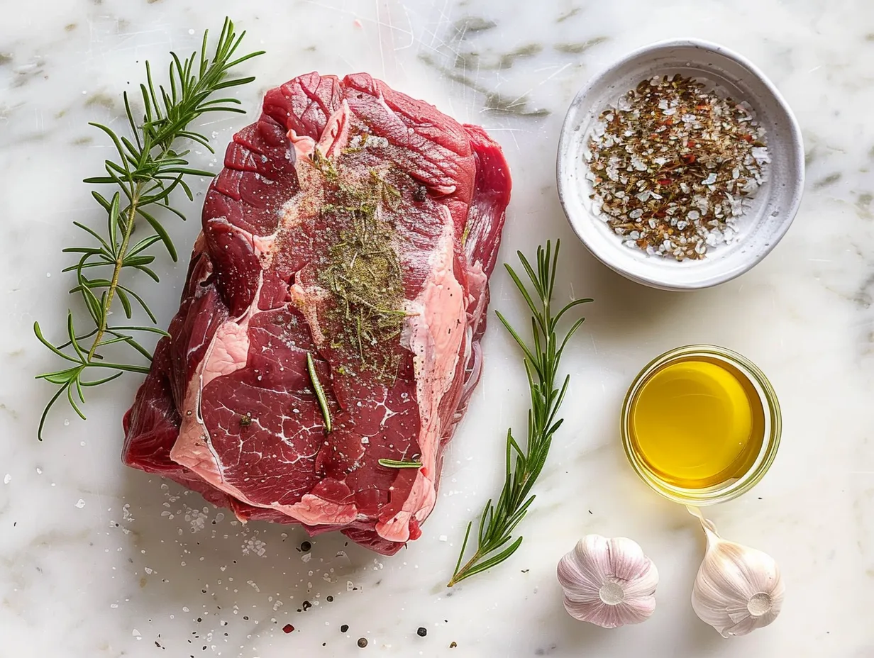 Raw ingredients for making a delicious chuck roast including chuck roast, carrots, celery, onions, potatoes, and spices