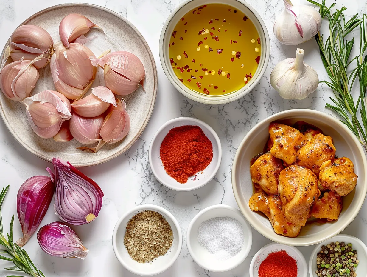 Ingredients for Garlic Butter Chicken including chicken breasts, butter, garlic, and spices