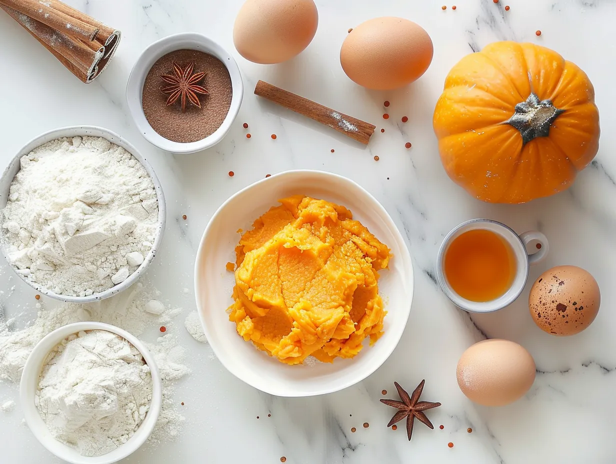 Raw ingredients for spooky ghost pumpkin cookies including flour, sugar, pumpkin puree, and spices.