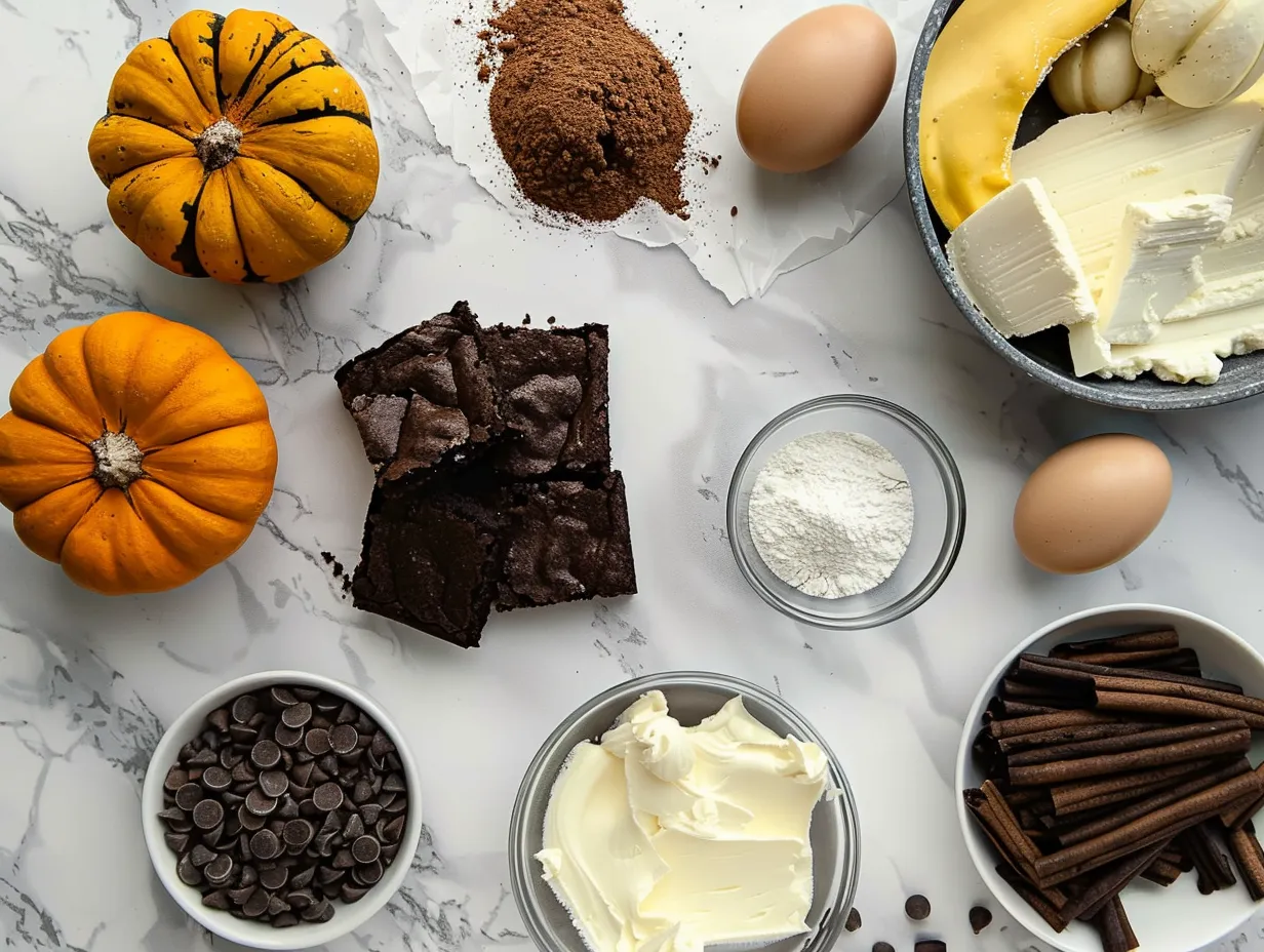 Ingredients for Loaded Cream Cheese Halloween Brownies including brownie mix, cream cheese, sugar, vanilla, flour, and Halloween sprinkles