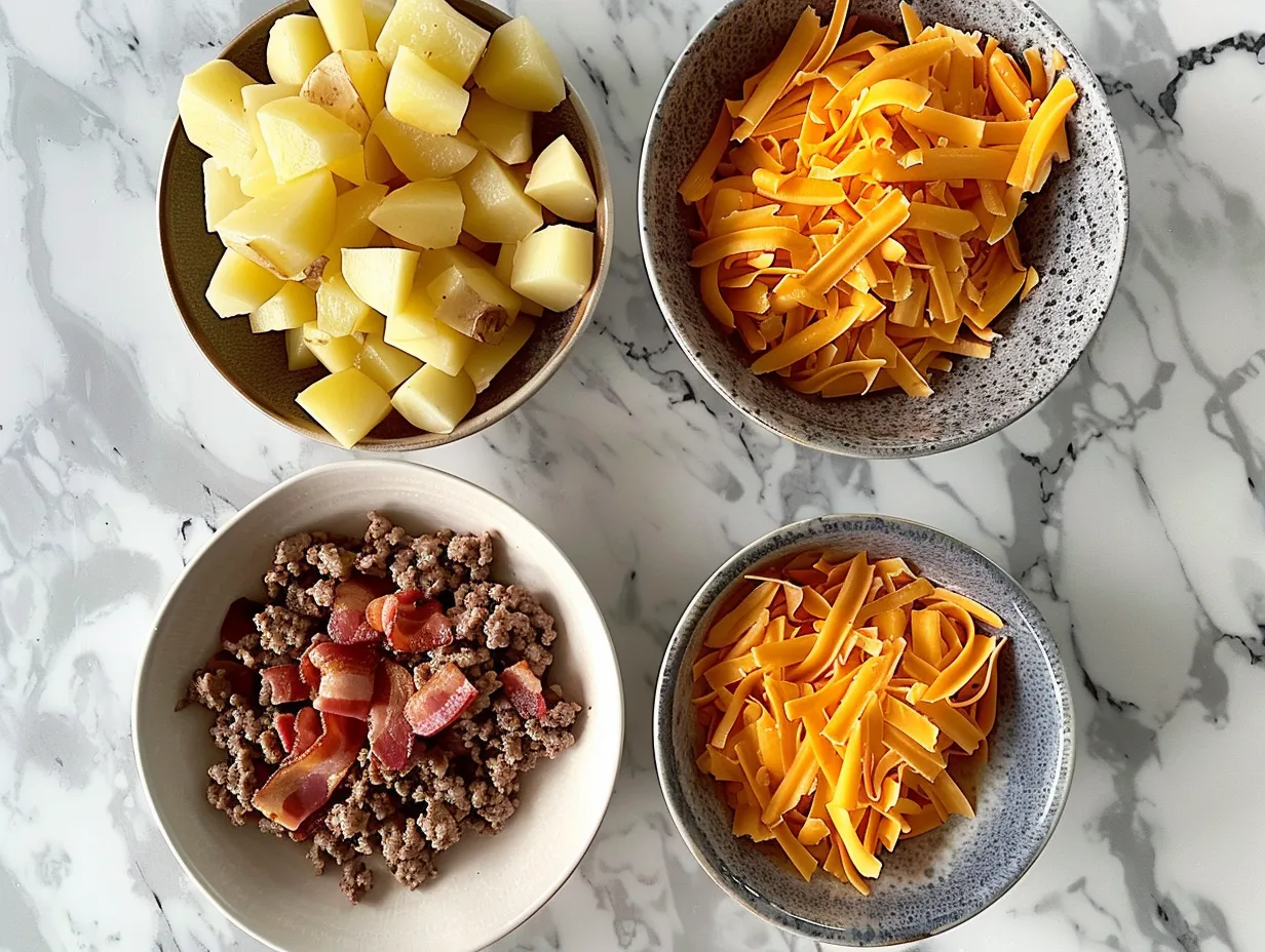 Raw ingredients for making Loaded Hamburger Soup, including ground beef, onions, garlic, tomatoes, broth, cheese, and spices.
