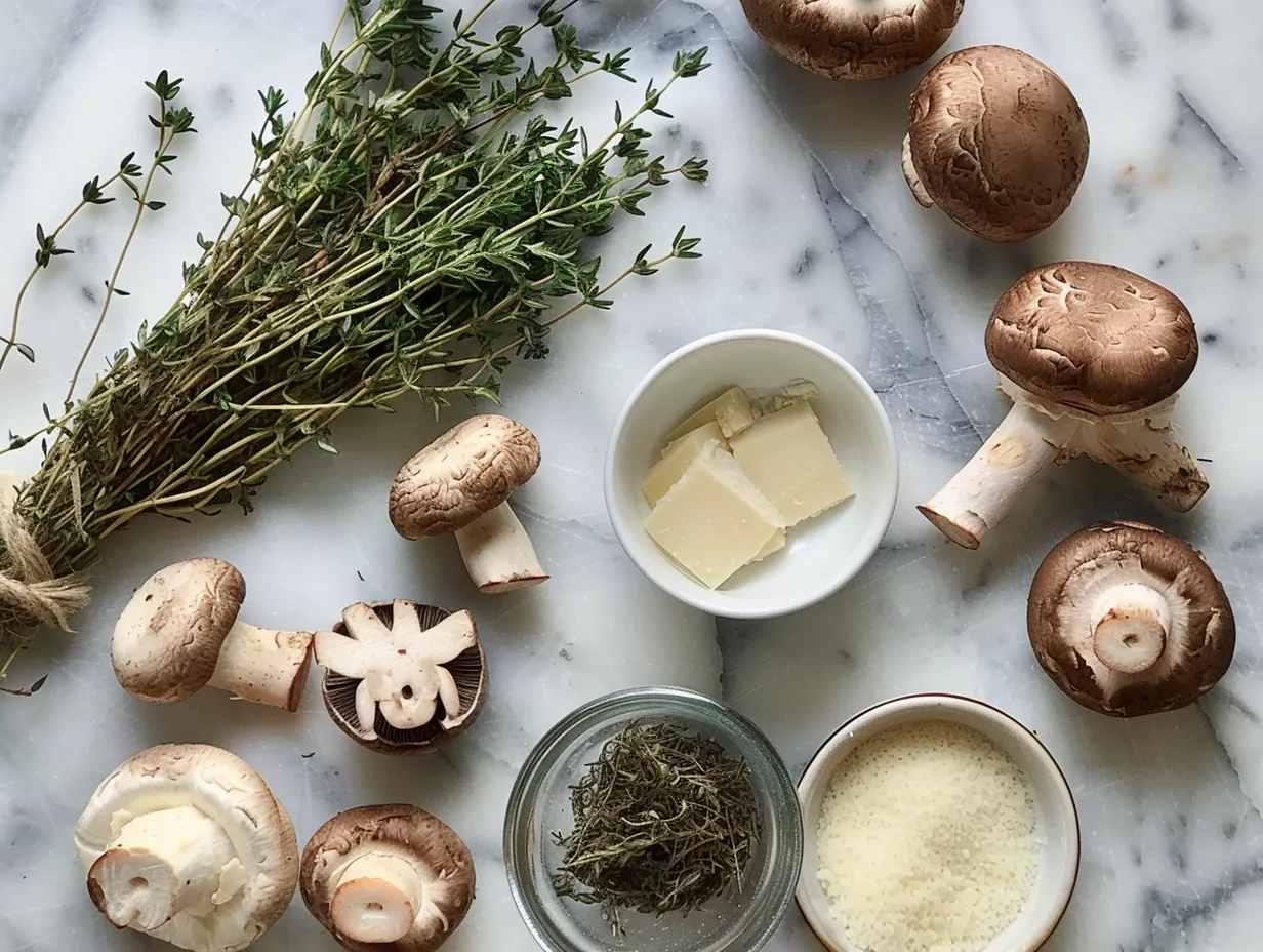 Raw ingredients for making Parmesan Mushroom Chicken Soup, including olive oil, chopped onion, sliced mushrooms, minced garlic, chicken broth, shredded cooked chicken, heavy cream, grated Parmesan cheese, chopped fresh parsley, salt, and pepper