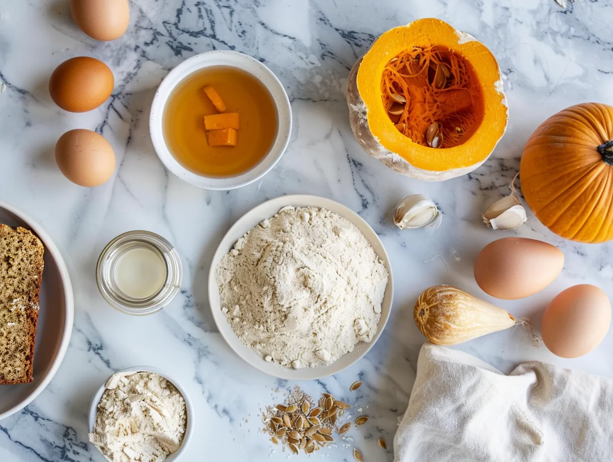 Raw ingredients for making Pumpkin Bread with Brown Butter Maple Glaze
