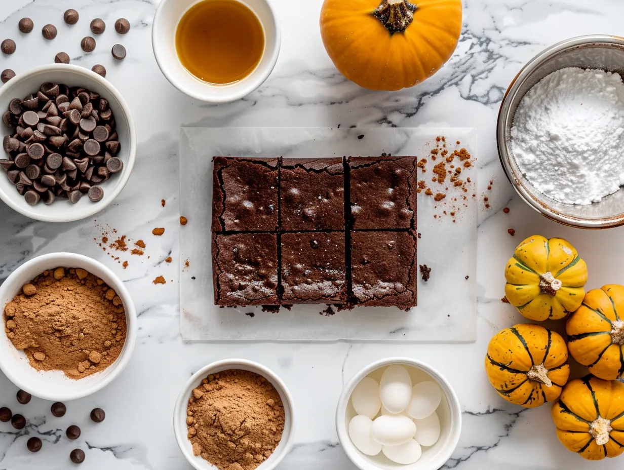 A spread of raw ingredients ready to be mixed for making homemade Pumpkin Brownies