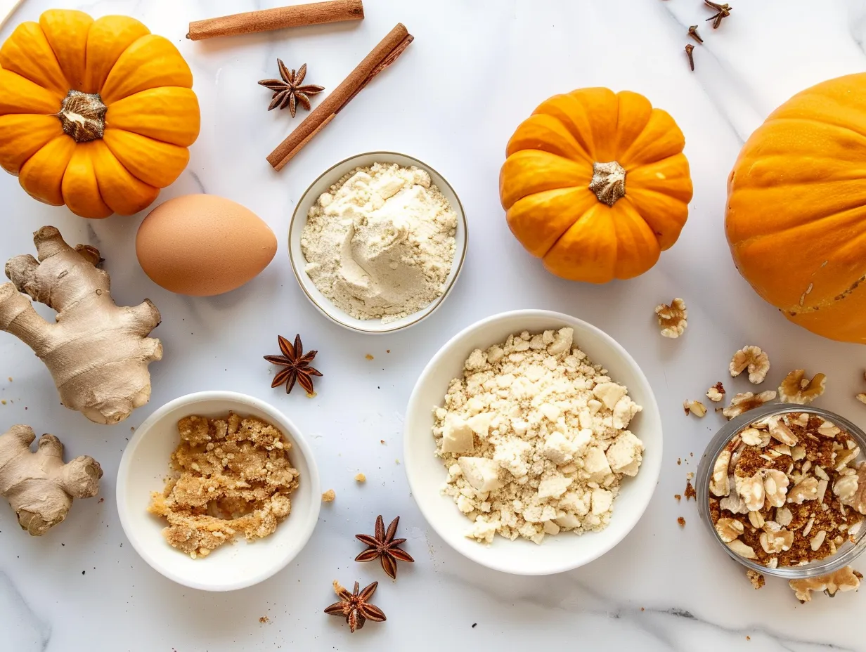 Ingredients for pumpkin pie crumble bars: spice cake mix, pumpkin puree, butter, egg, and pumpkin pie spice