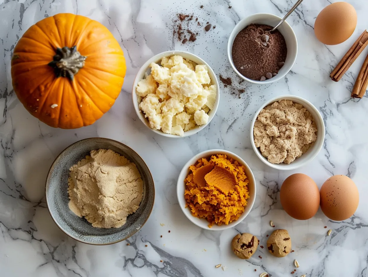Raw ingredients for making homemade Pumpkin Sugar Cookies, arranged on a clean, white marble countertop.