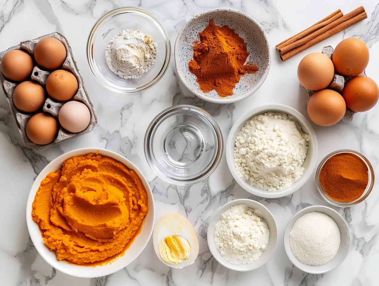Raw ingredients for making pumpkin whoopie pies, including flour, spices, pumpkin puree, and sugar, laid out on a marble surface.