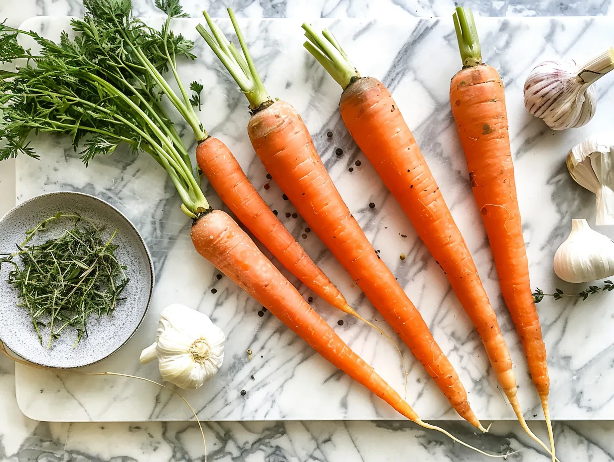 Raw ingredients for roasted carrots, including carrots, olive oil, salt, and pepper