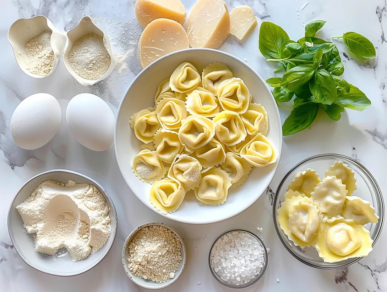 Ingredients for making Tortellini Alfredo: cheese tortellini, butter, garlic, heavy cream, Parmesan cheese, salt, pepper, parsley, chicken, and broccoli.