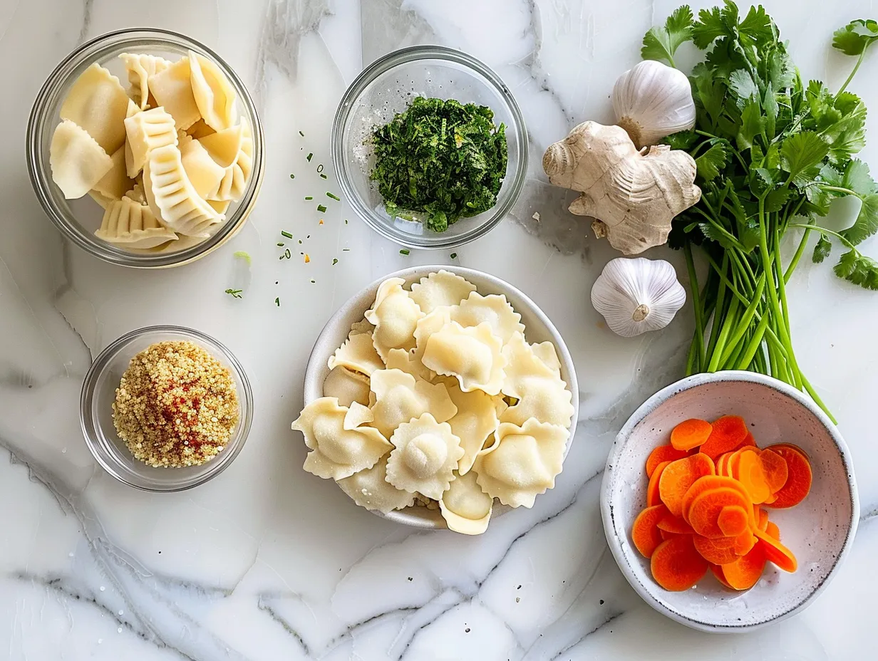 Ingredients for making vegan dumpling stew: olive oil, onion, carrots, celery, garlic, vegetable broth, diced tomatoes, thyme, rosemary, red pepper flakes, chickpeas, frozen peas, vegan gnocchi, salt, pepper, parsley, and vegan cream cheese.
