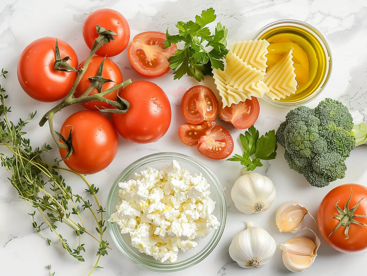Raw ingredients for vegetarian lasagna soup including tomatoes, pasta, and vegetables.