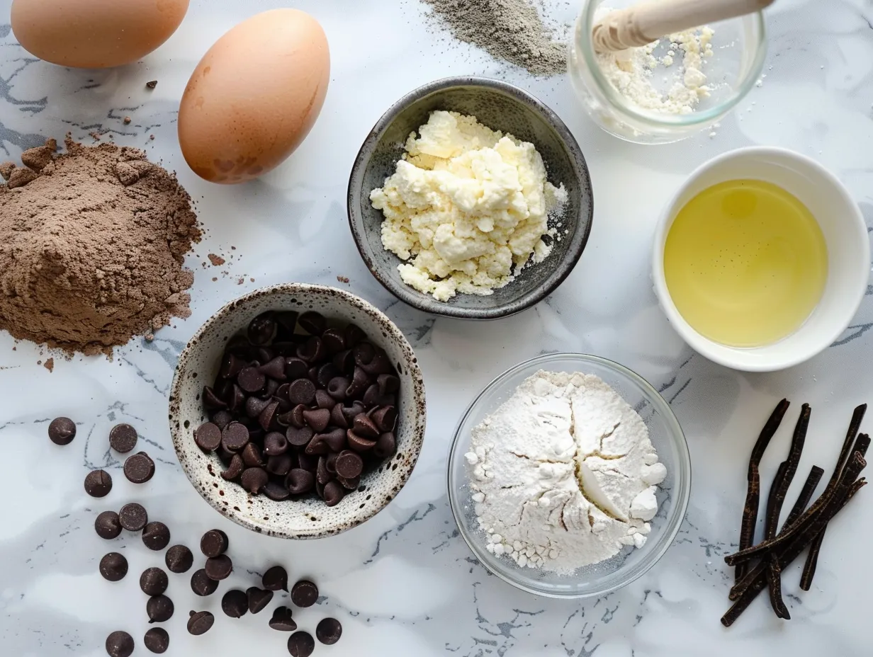 Ingredients for making delicious chocolate chip zucchini muffins including flour, sugar, eggs, and zucchini.