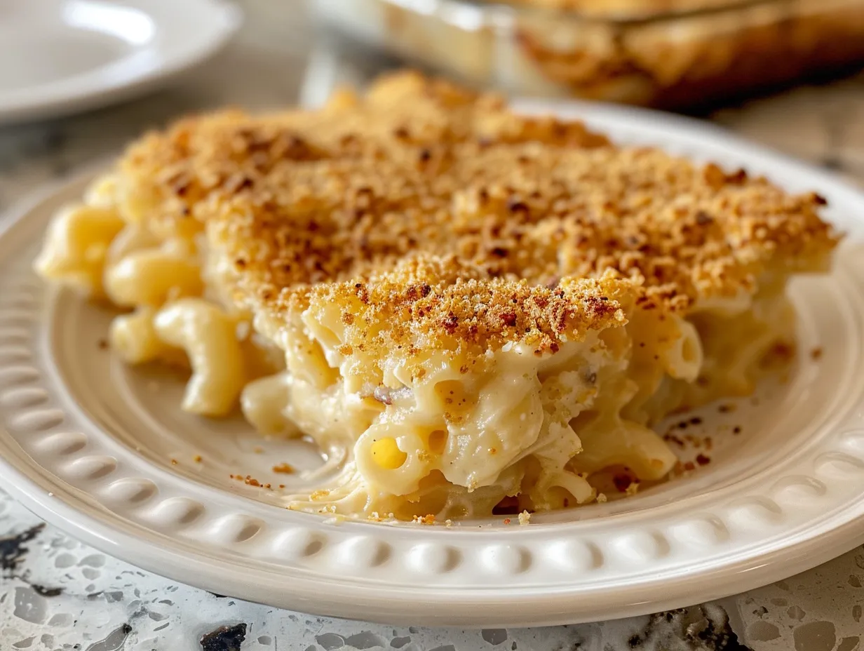Southern Baked Mac and Cheese on a plate.